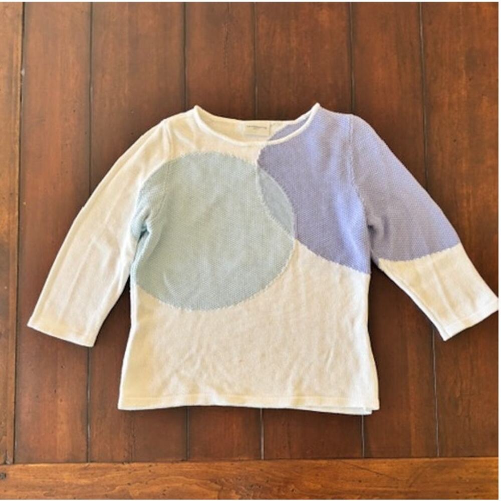 Liz Claiborne Petite Medium Knit Top White Aqua Lavender Circle Print 3/4 Sleeve